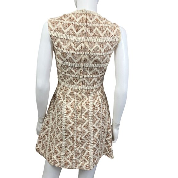 Vintage Sleeveless Button-Up Dress Sz Small Brown & Cream Woven Chevron Pattern - Picture 2 of 5